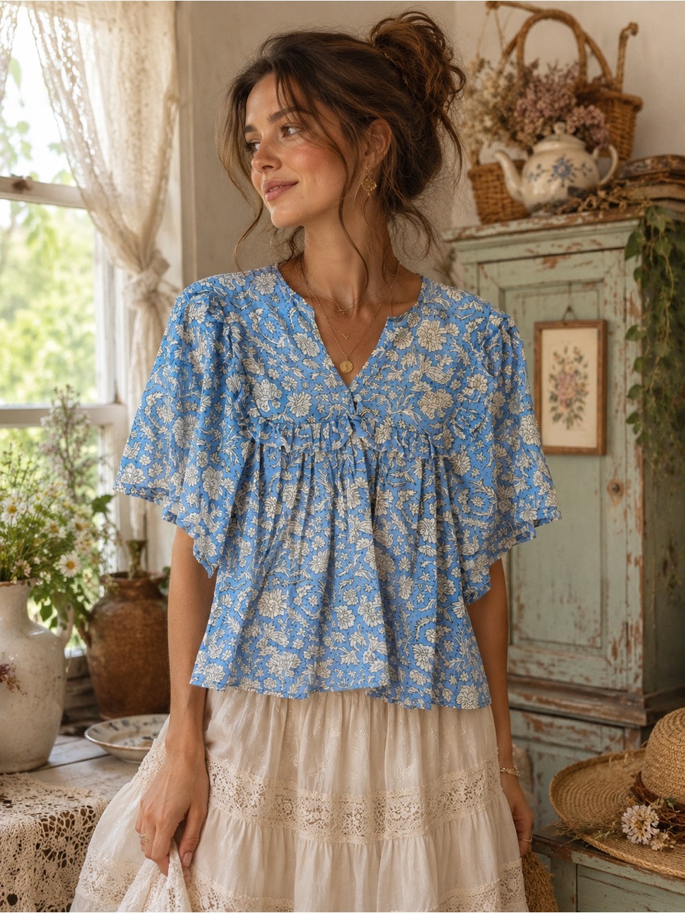 SZ Blockprints NWT Blue Floral Ruffle boho Relaxed Fit Minimalist Blouse Top